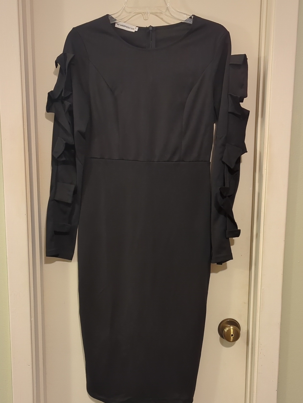 Black Midi Dress with Bow-Accent Long Sleeves